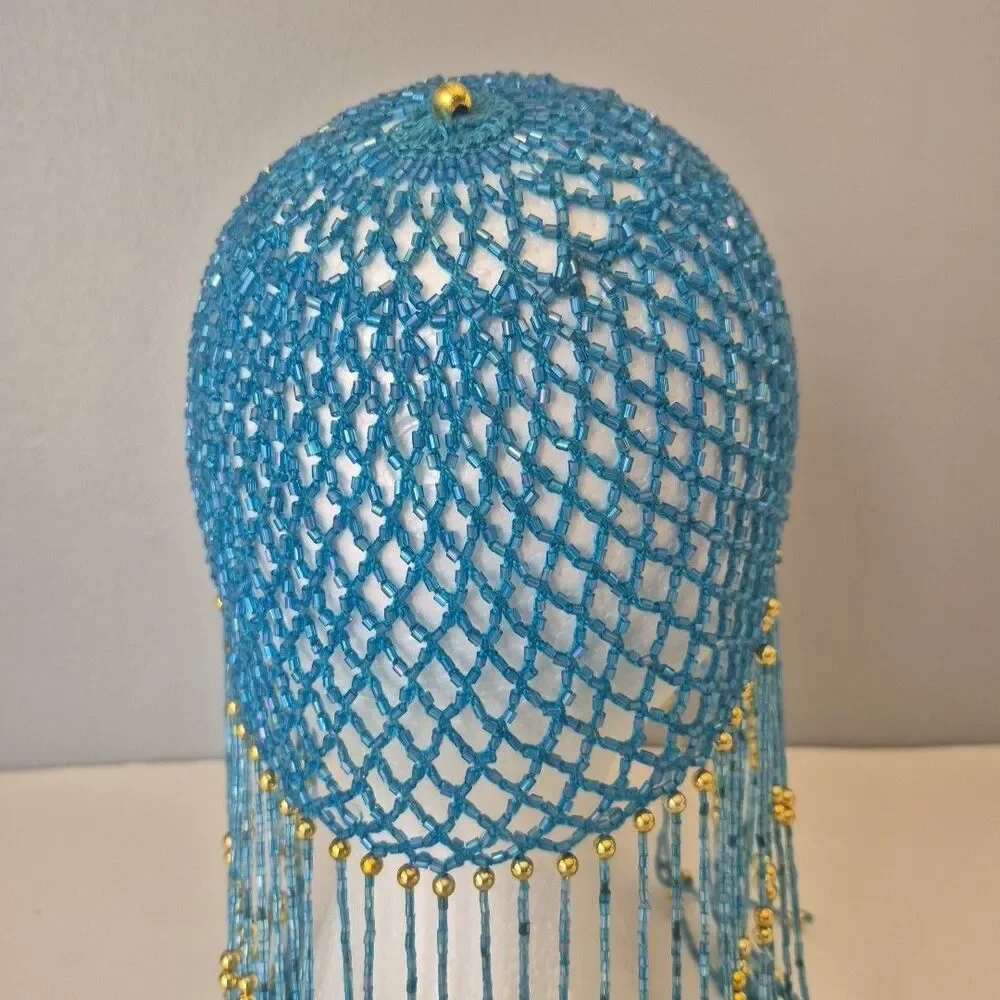 Egyptian Cleopatra Flapper Turquoise Gold Beaded Crochet Head Cap Costume Piece